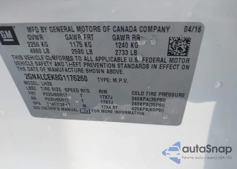 2016 Chevrolet Equinox Lt from USA, damaged, VIN 2GNALCEK8G1176260